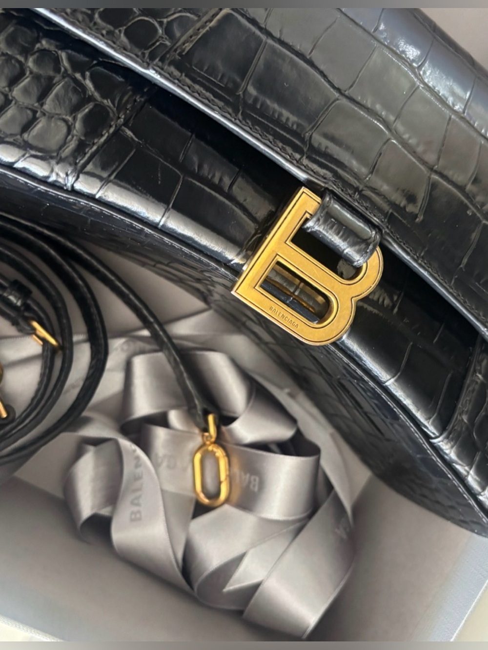Balenciaga Black Croc-Embossed Leather Crossbody with Gold 'B' Hardware